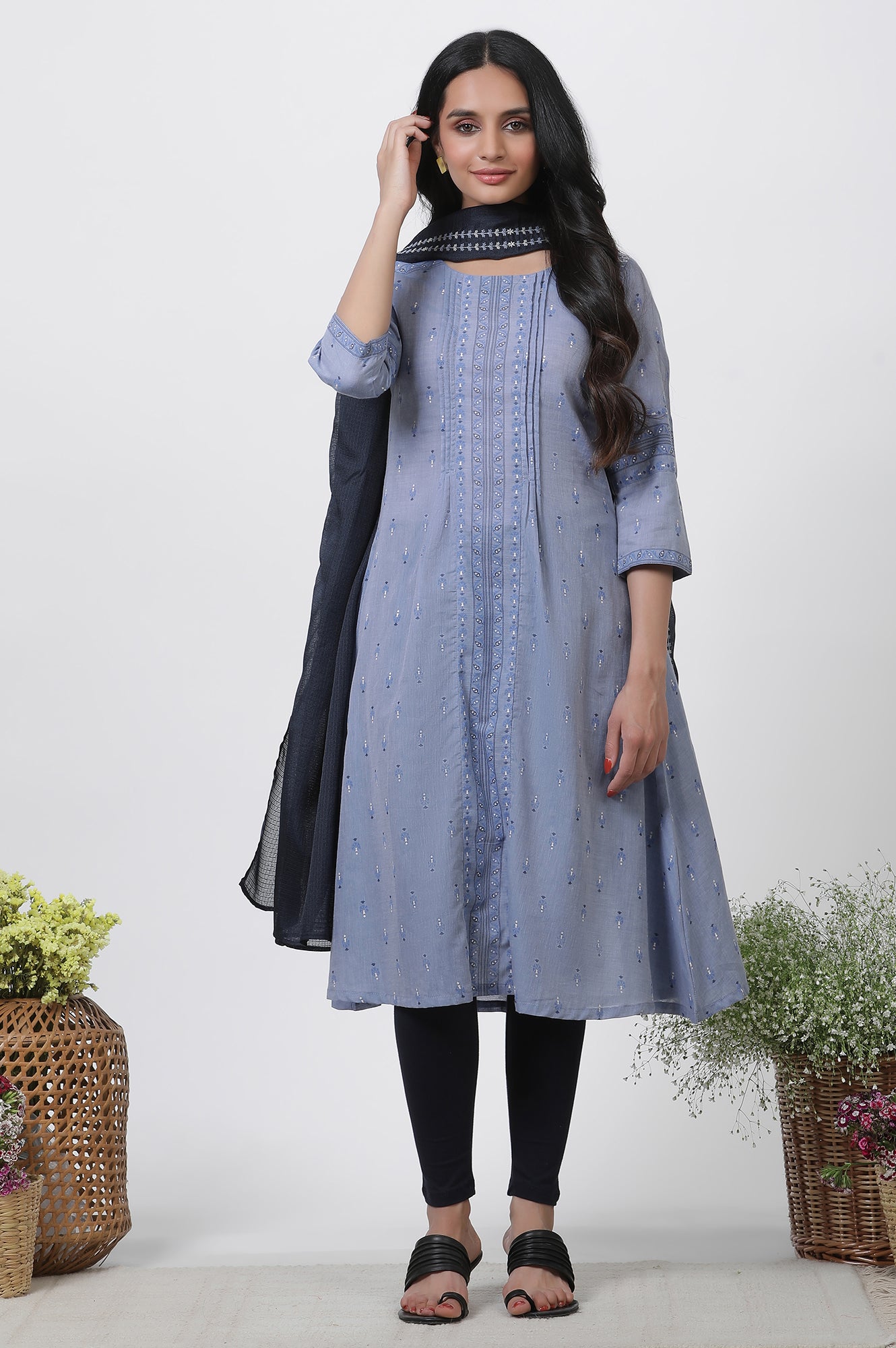 Blue A-Line Printed Kurta, Tights And Embroidered Kota Dupatta