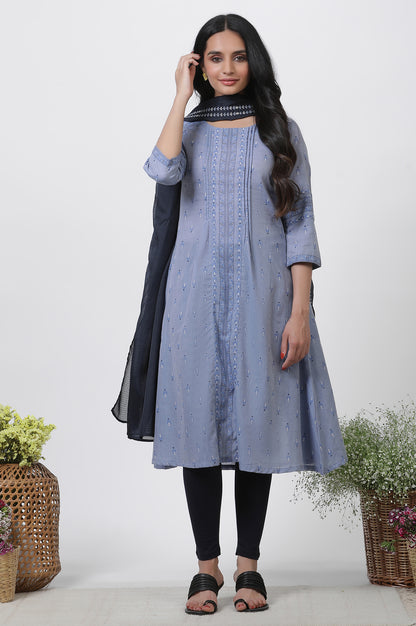 Blue A-Line Printed Kurta, Tights And Embroidered Kota Dupatta