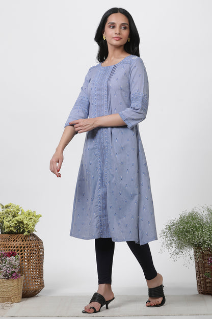 Blue A-Line Printed Kurta, Tights And Embroidered Kota Dupatta