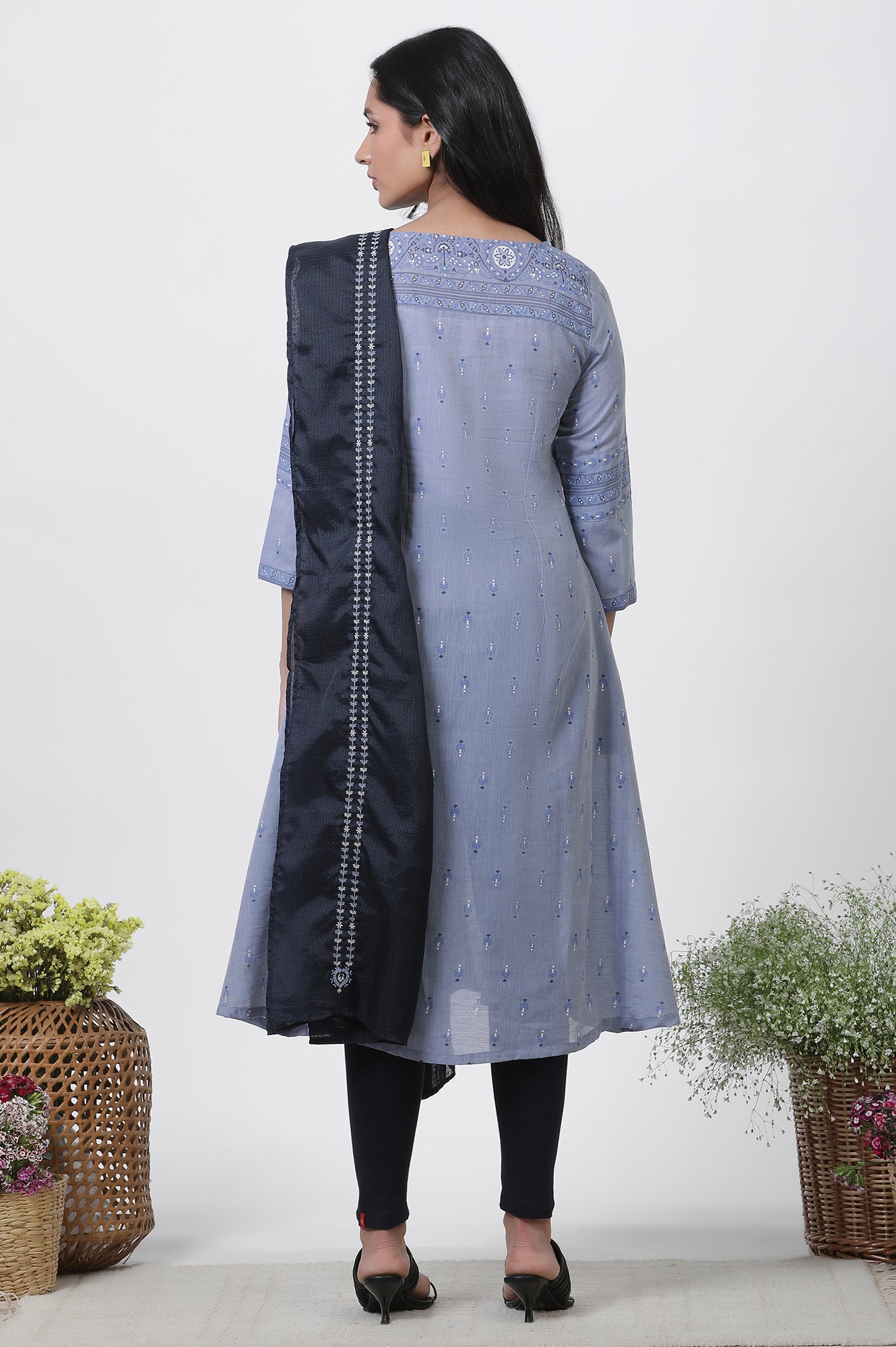 Blue A-Line Printed Kurta, Tights And Embroidered Kota Dupatta