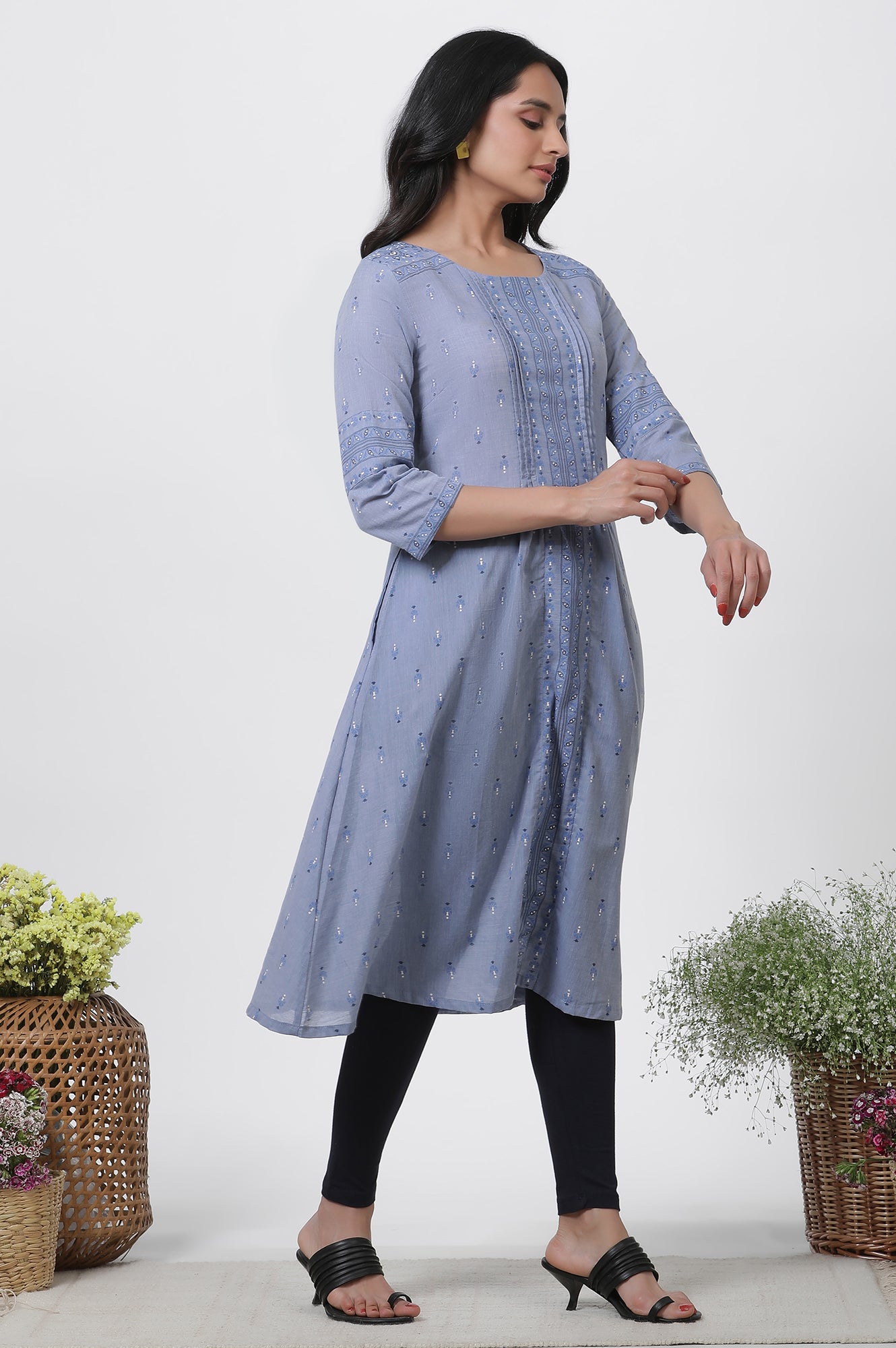 Blue A-Line Printed Kurta, Tights And Embroidered Kota Dupatta