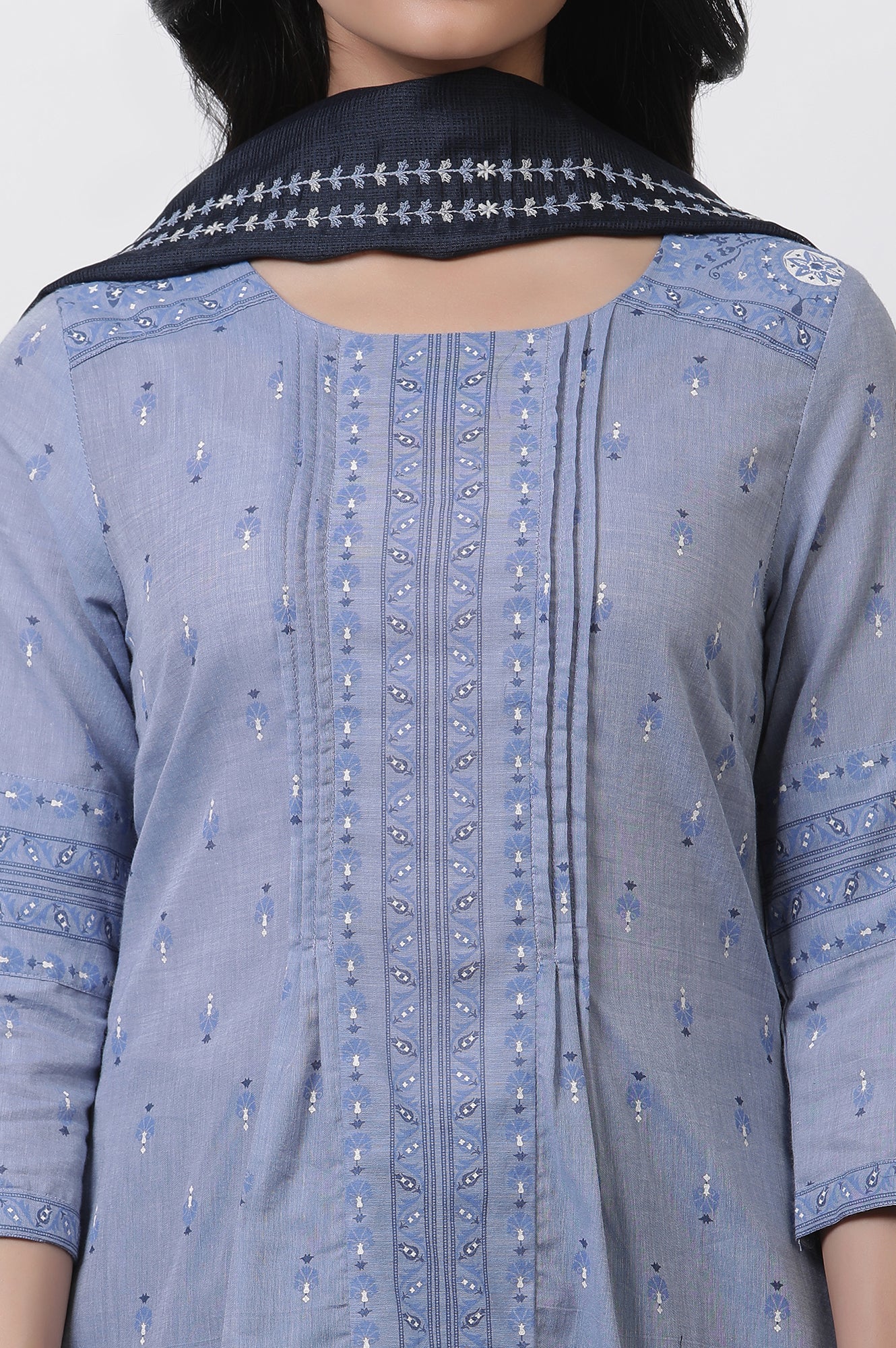 Blue A-Line Printed Kurta, Tights And Embroidered Kota Dupatta