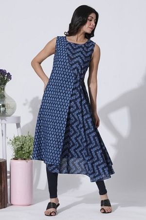 Blue Mock Wrap Printed Flared Kurta And Tights Set