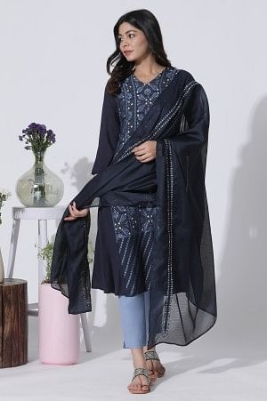 Blue Suzani Motif Printed Kurta, Pants With Dupatta Set