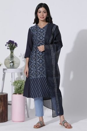 Blue Suzani Motif Printed Kurta, Pants With Dupatta Set