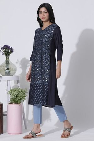 Blue Suzani Motif Printed Kurta, Pants With Dupatta Set