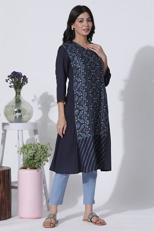 Blue Suzani Motif Printed Kurta, Pants With Dupatta Set