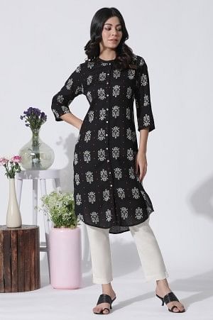 Black Printed Shirt Kurta And Slim Pants Set