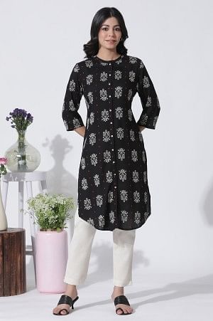 Black Printed Shirt Kurta And Slim Pants Set