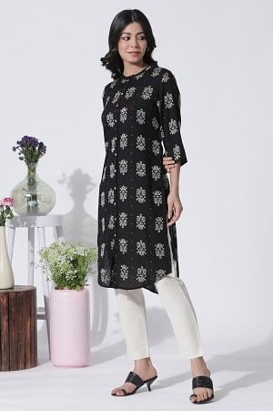 Black Printed Shirt Kurta And Slim Pants Set