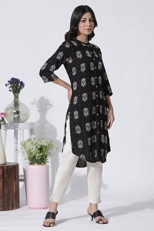 Black Printed Shirt Kurta And Slim Pants Set