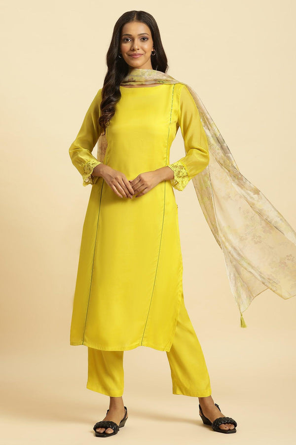 Lime Green Lace Kurta Pants and Dupatta Set