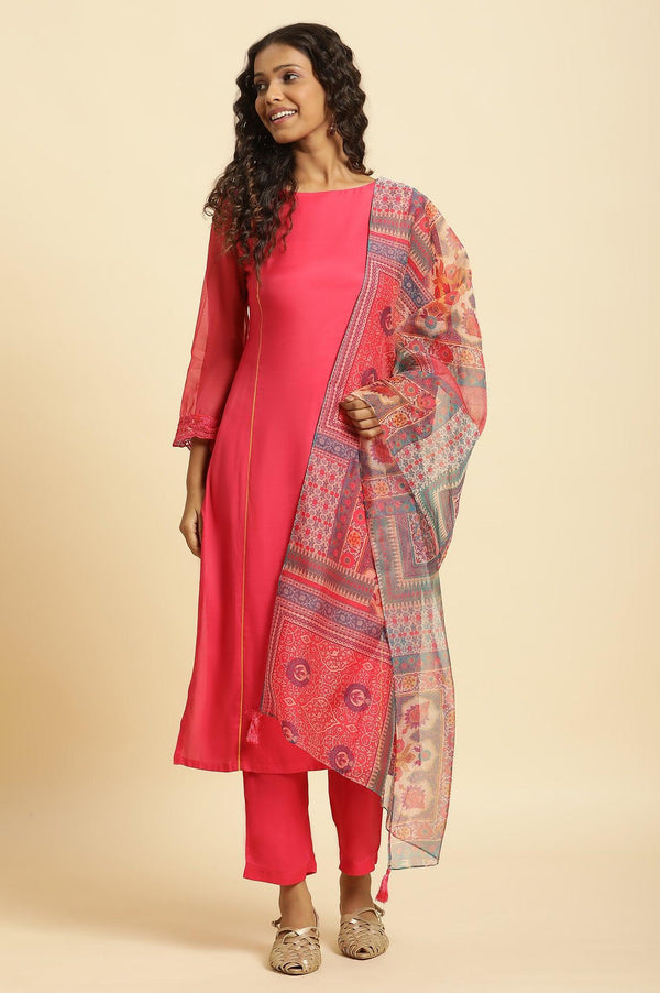 Pink Lace Work Kurta, Pants And Dupatta Set