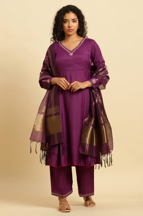 Purple Anarkali Festive Kurta, Parallel Pants And Dupatta Set