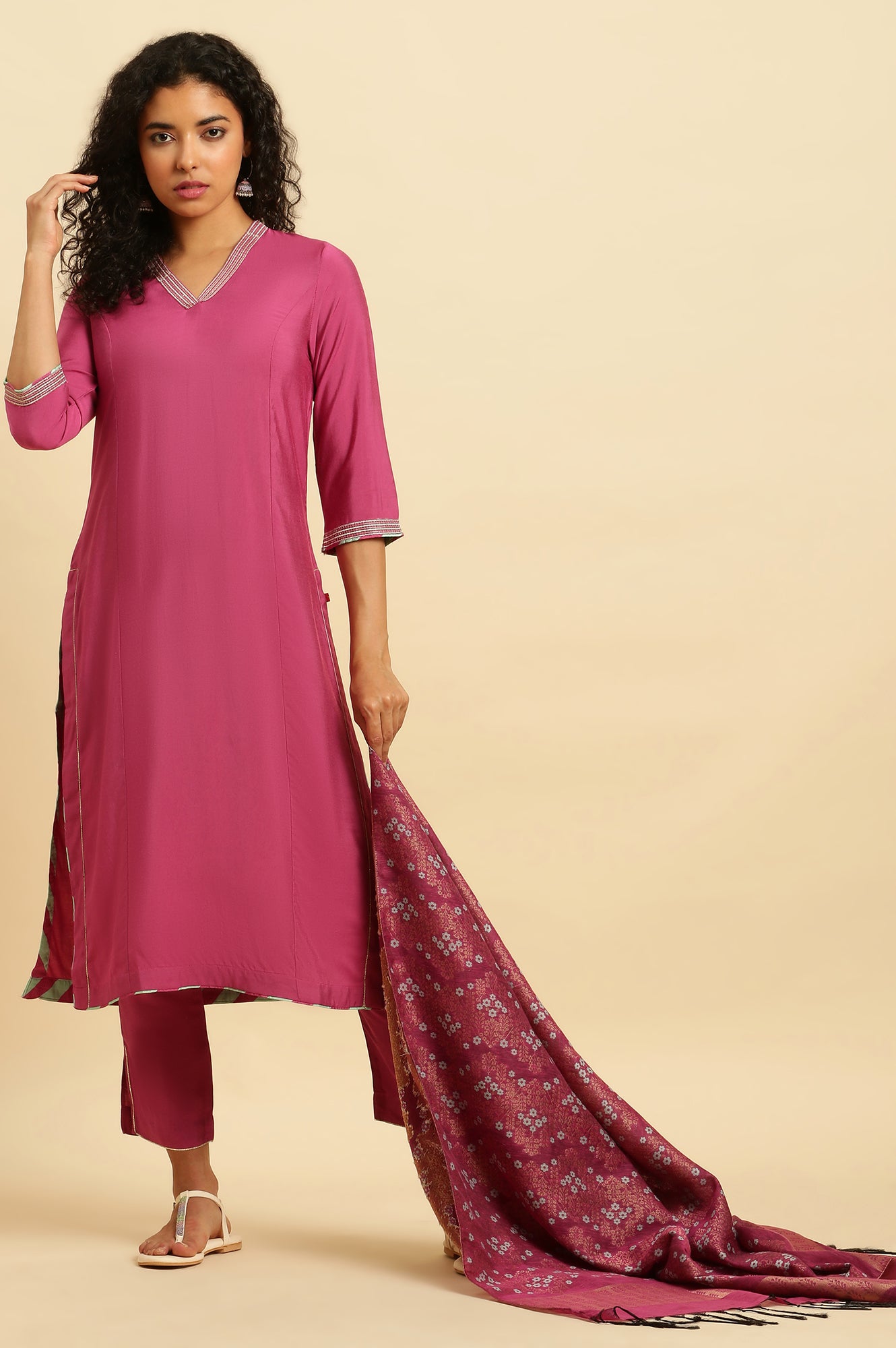 Pink Embellished Kurta, Pants And Jacquard Dupatta Set - wforwoman