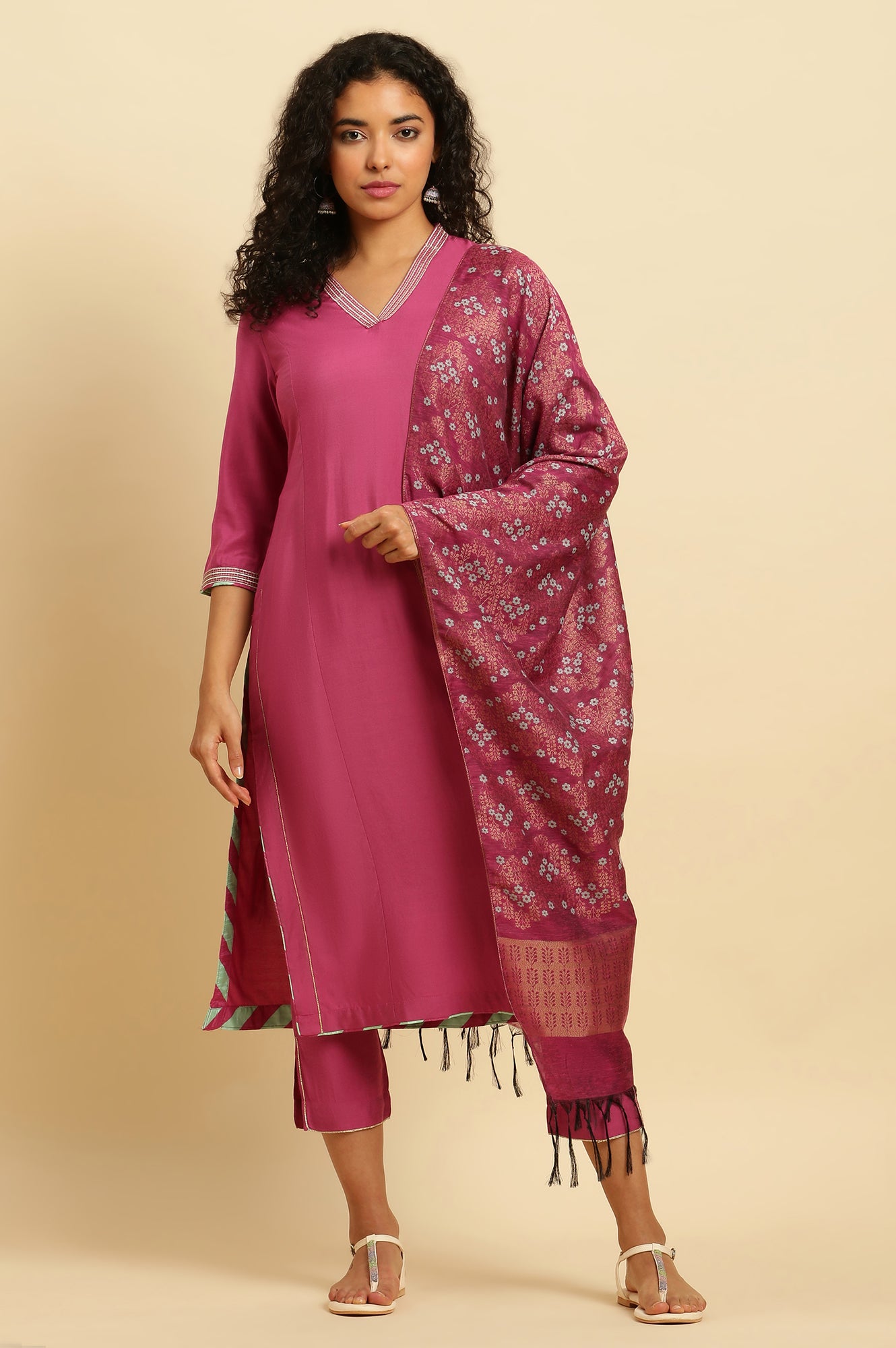 Pink Embellished Kurta, Pants And Jacquard Dupatta Set - wforwoman