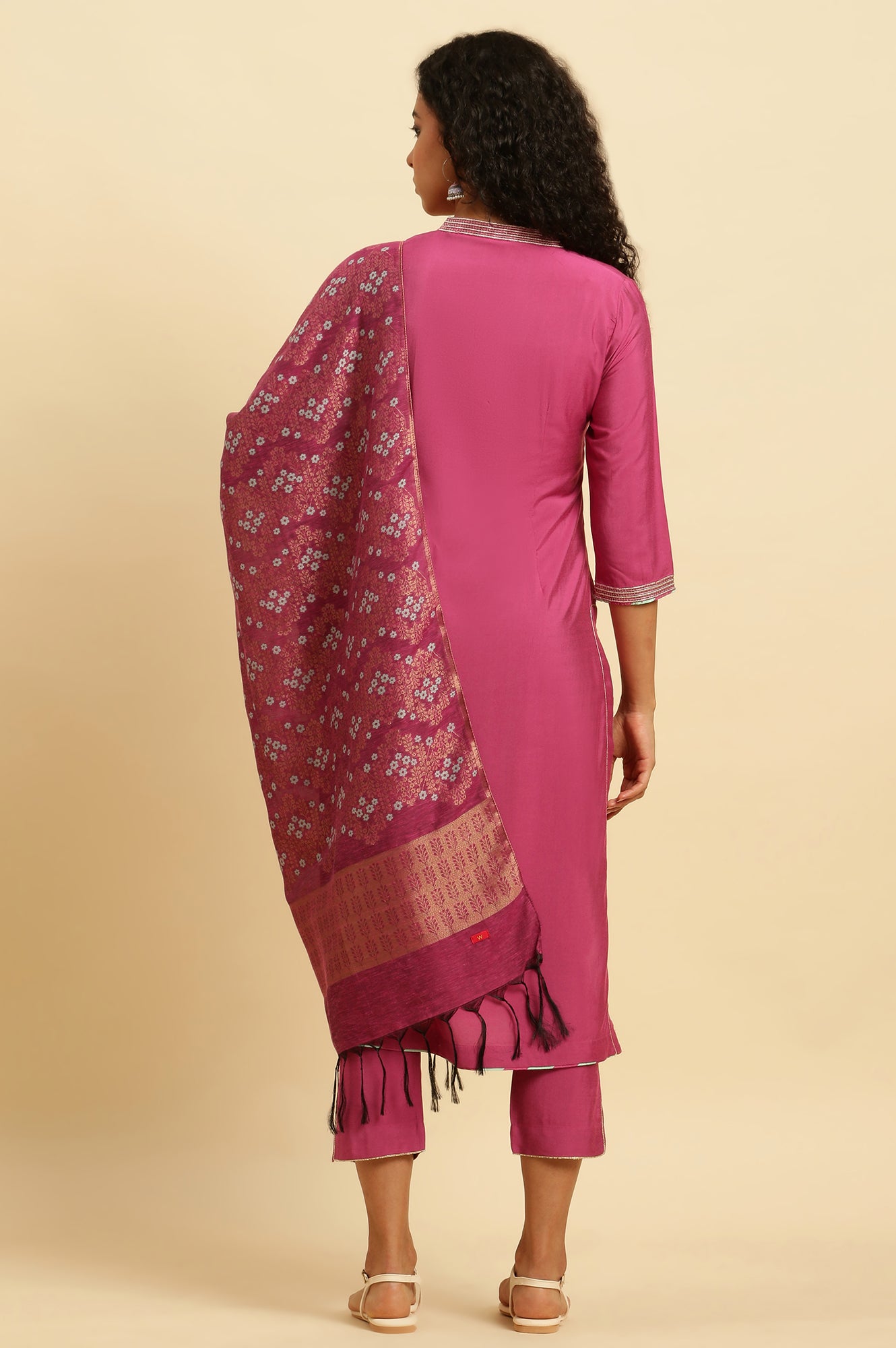 Pink Embellished Kurta, Pants And Jacquard Dupatta Set - wforwoman