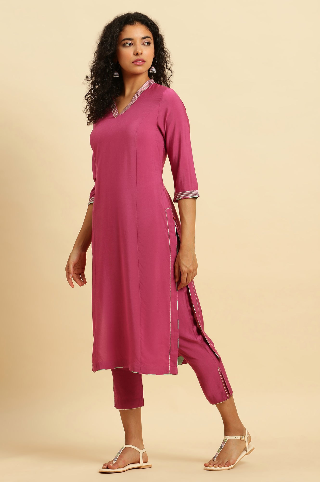 Pink Embellished Kurta, Pants And Jacquard Dupatta Set - wforwoman