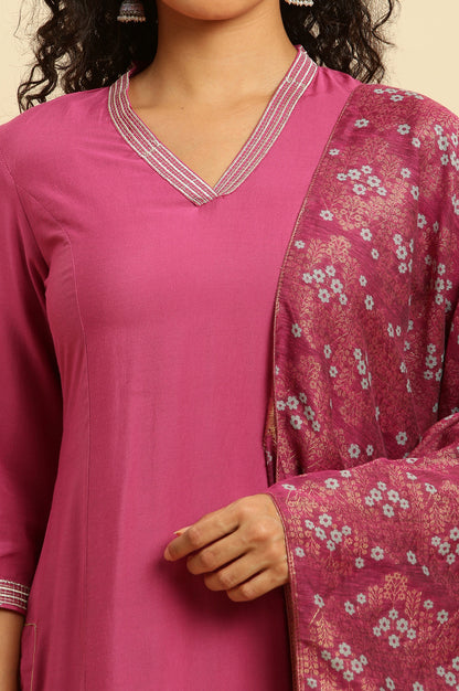 Pink Embellished Kurta, Pants And Jacquard Dupatta Set - wforwoman