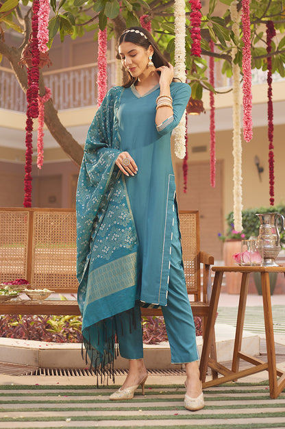 Blue Embellished Kurta, Pants And Jacquard Dupatta Set