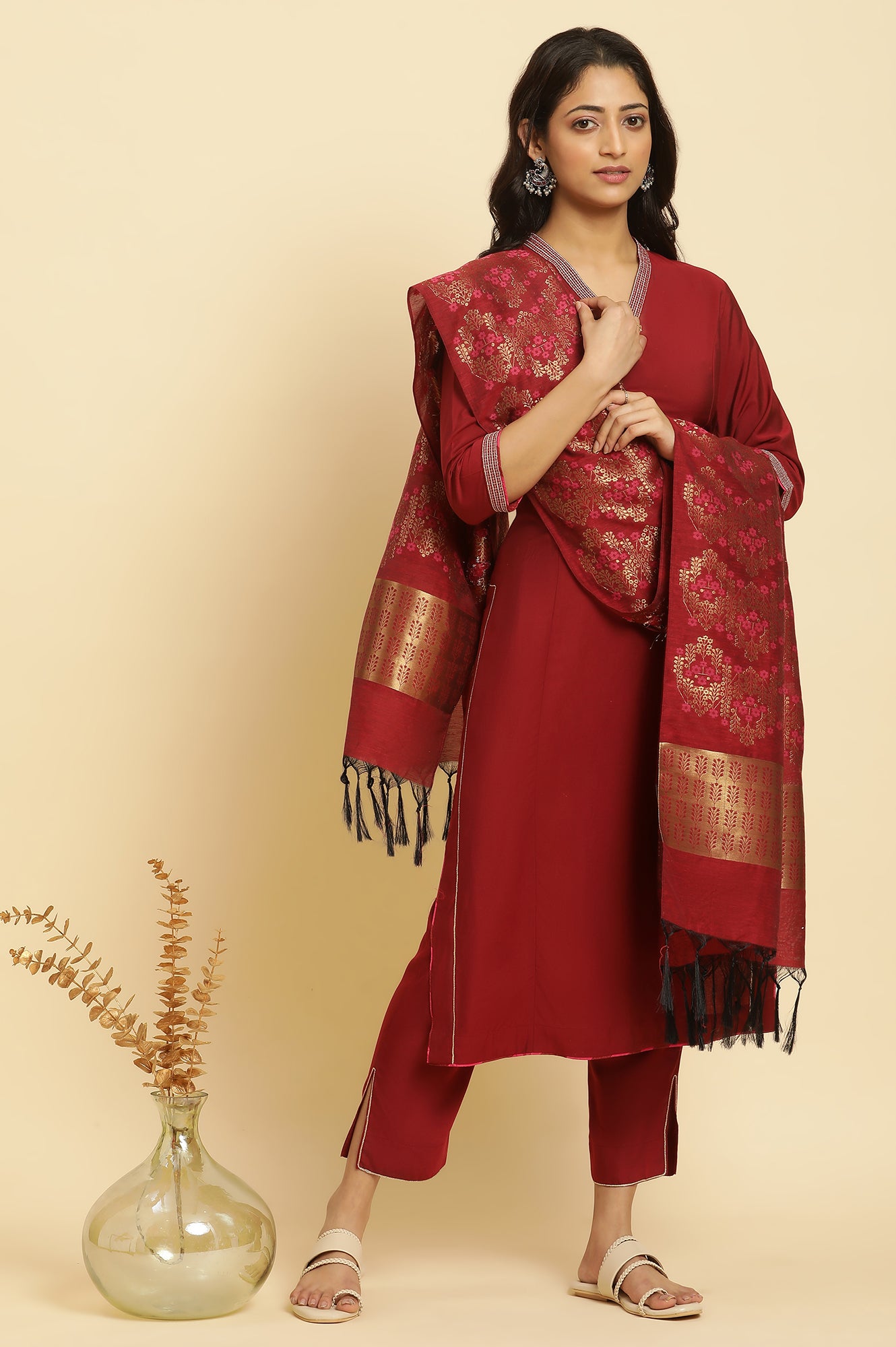 Maroon Solid Kurta, Pants And Jacquard Dupatta - wforwoman