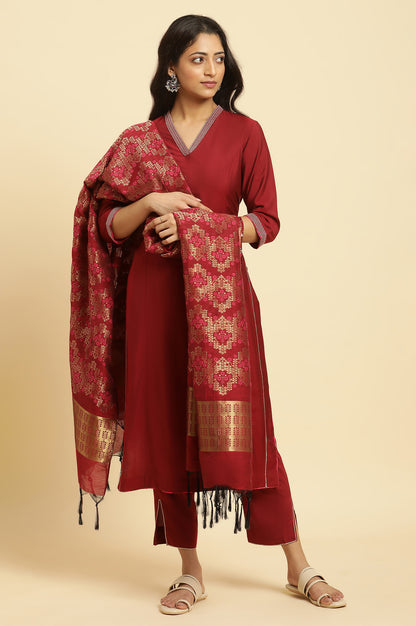 Maroon Solid Kurta, Pants And Jacquard Dupatta - wforwoman