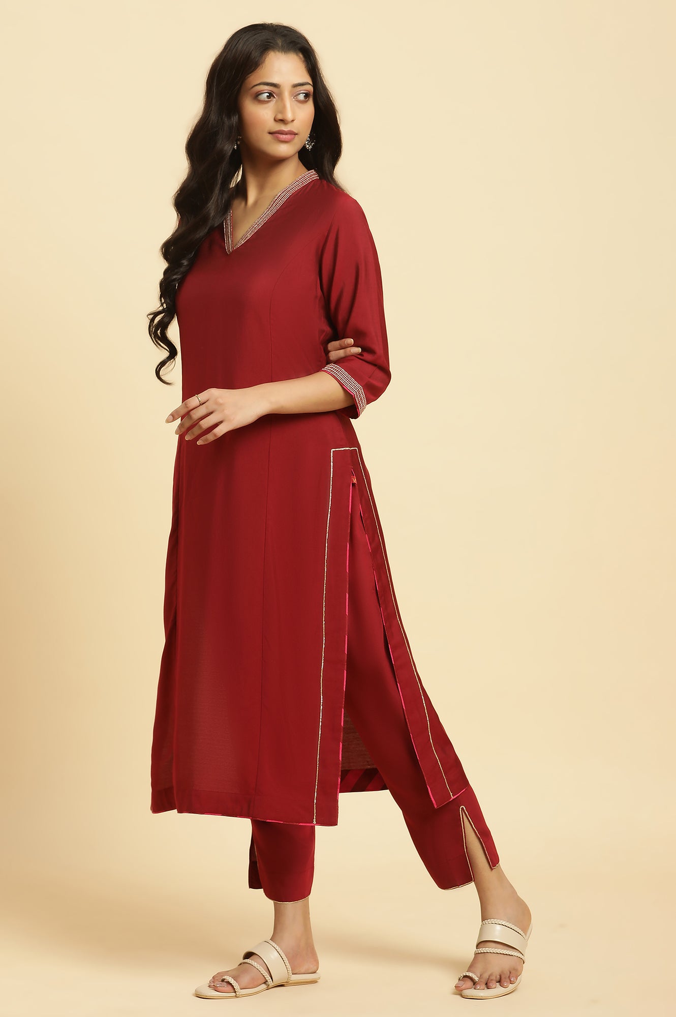 Maroon Solid Kurta, Pants And Jacquard Dupatta - wforwoman