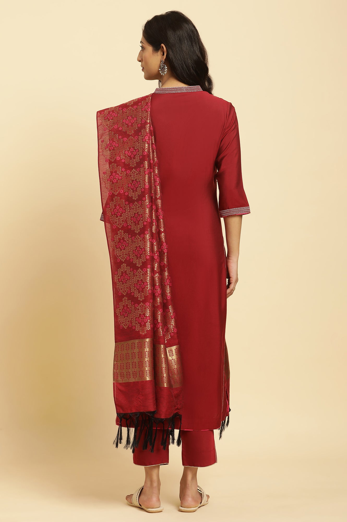 Maroon Solid Kurta, Pants And Jacquard Dupatta - wforwoman