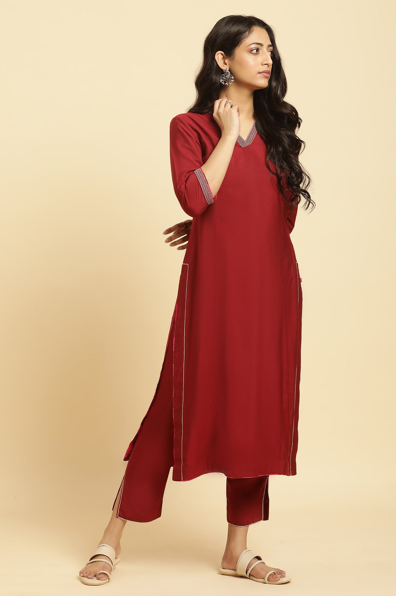 Maroon Solid Kurta, Pants And Jacquard Dupatta - wforwoman