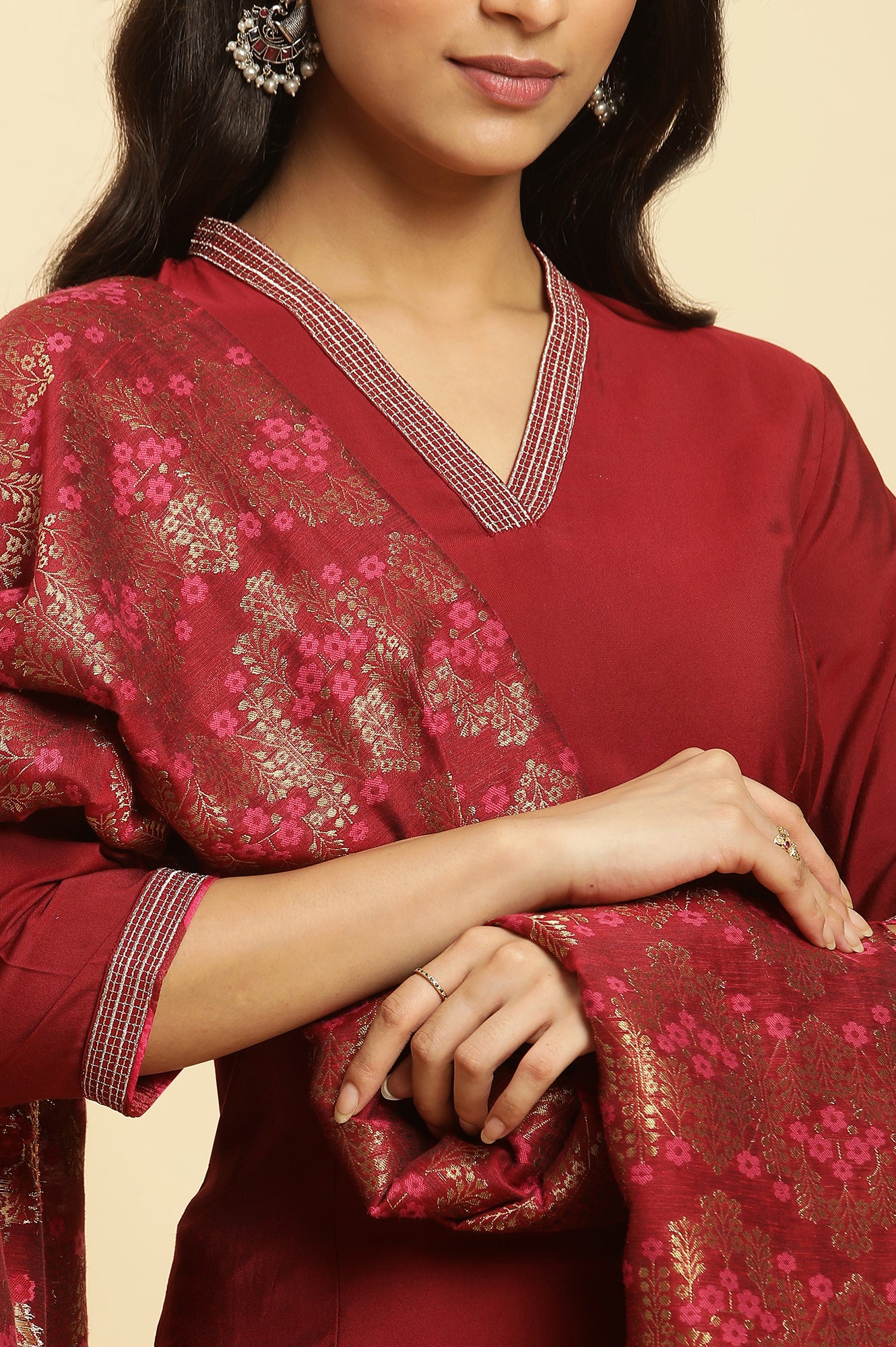 Maroon Solid Kurta, Pants And Jacquard Dupatta - wforwoman