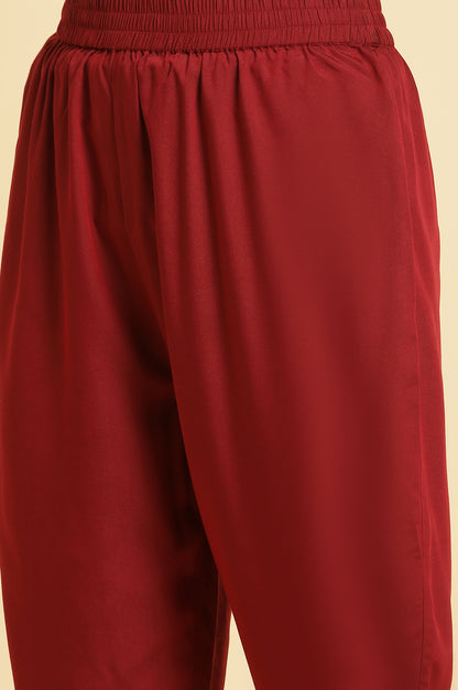 Maroon Solid Kurta, Pants And Jacquard Dupatta