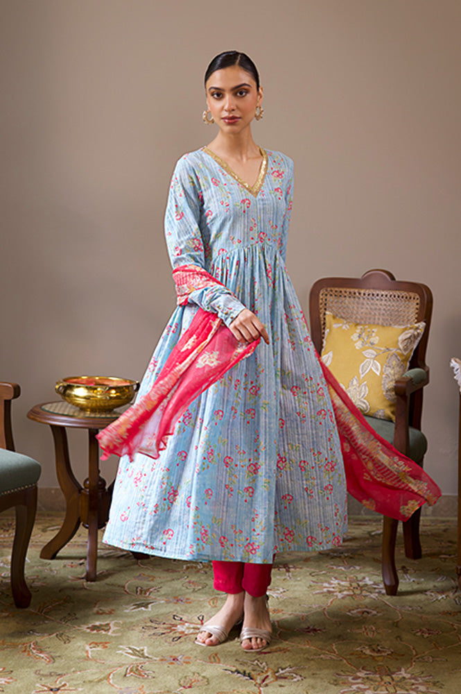 Blue Printed Anarkali Kurta, Pants &amp; Dupatta Set