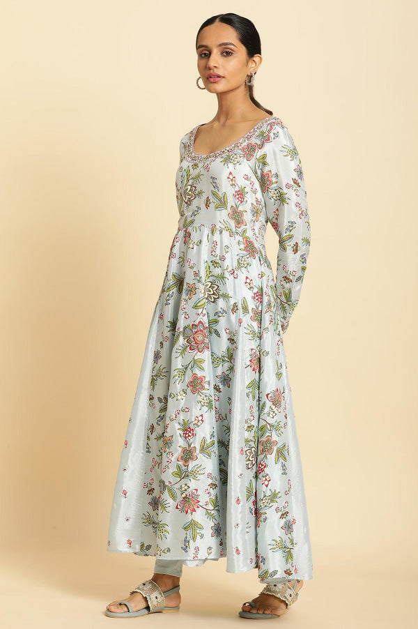 Sky Blue Floral Printed A-Line Kurta, Tights And Dupatta Set