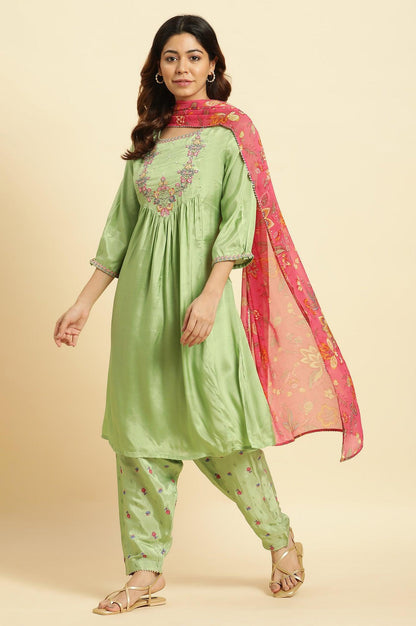 Green Embroidered Kurta, Salwar And Pink Chiffon Dupatta Set - wforwoman
