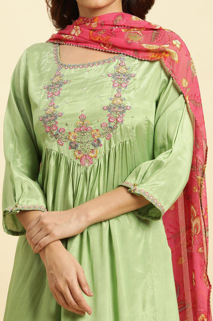 Green Embroidered Kurta, Salwar And Pink Chiffon Dupatta Set - wforwoman