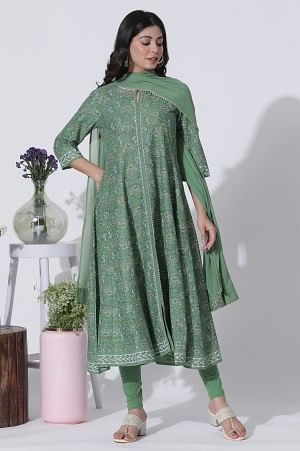 Forest Green Floral Printed Panelled Kurta, Tights And Dupatta Set