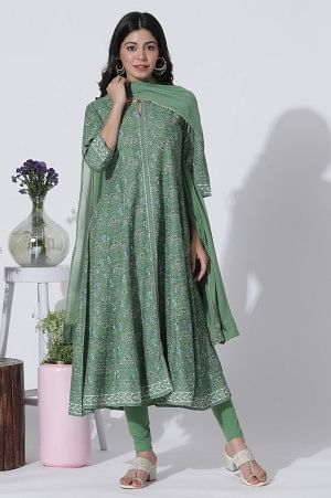 Forest Green Floral Printed Panelled Kurta, Tights And Dupatta Set