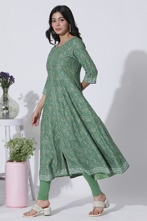 Forest Green Floral Printed Panelled Kurta, Tights And Dupatta Set