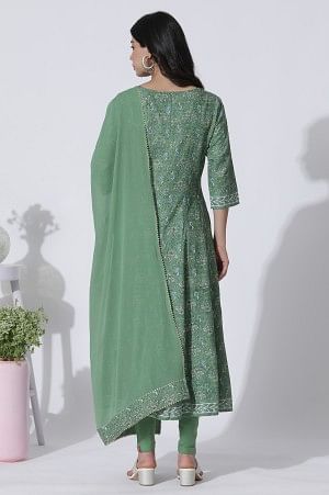 Forest Green Floral Printed Panelled Kurta, Tights And Dupatta Set