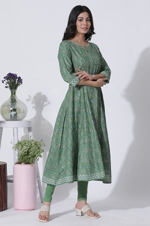 Forest Green Floral Printed Panelled Kurta, Tights And Dupatta Set
