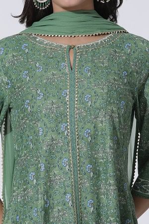 Forest Green Floral Printed Panelled Kurta, Tights And Dupatta Set