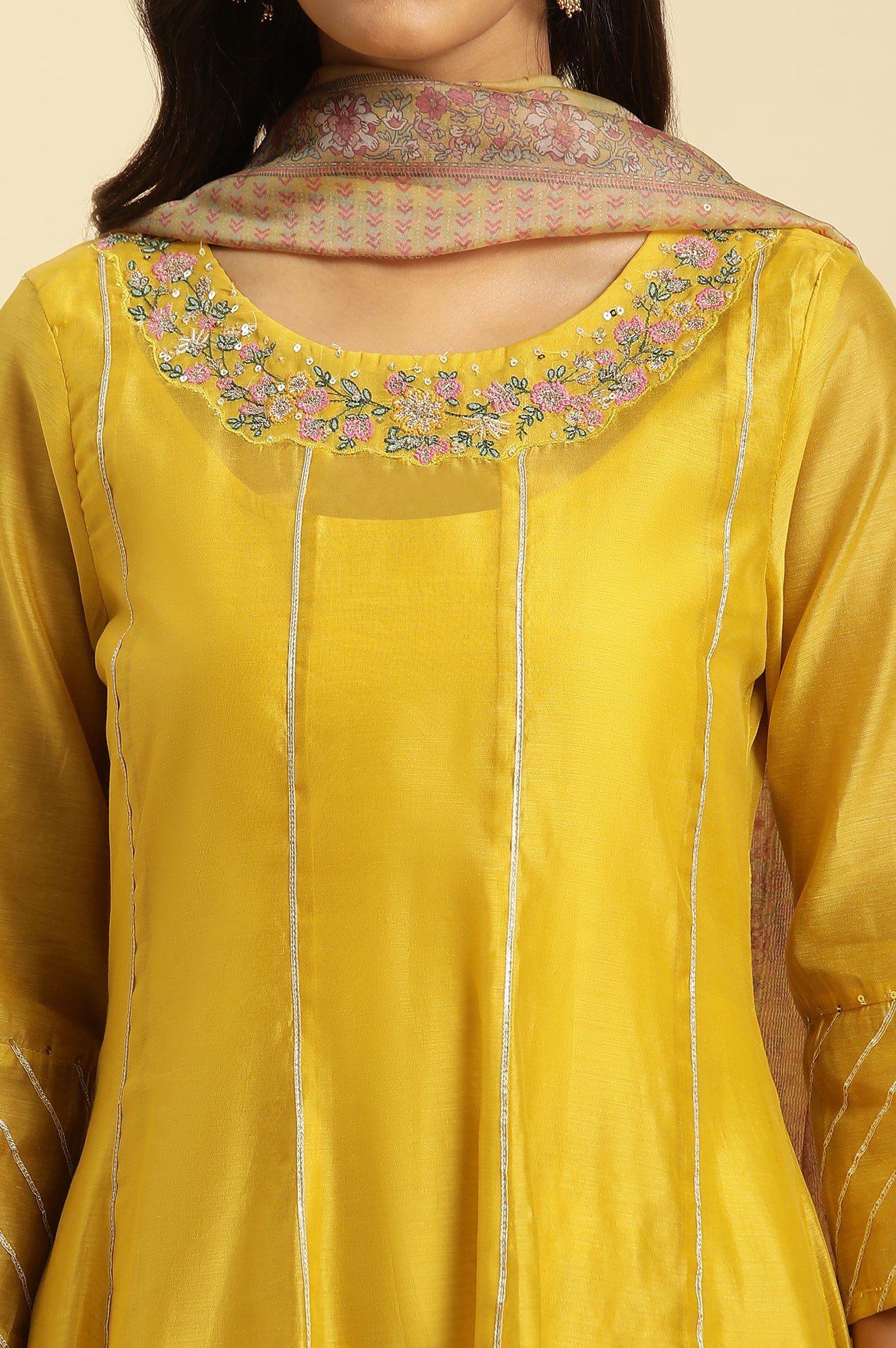 Yellow Chander Floral Printed Kurta, Pants And Dupatta Set