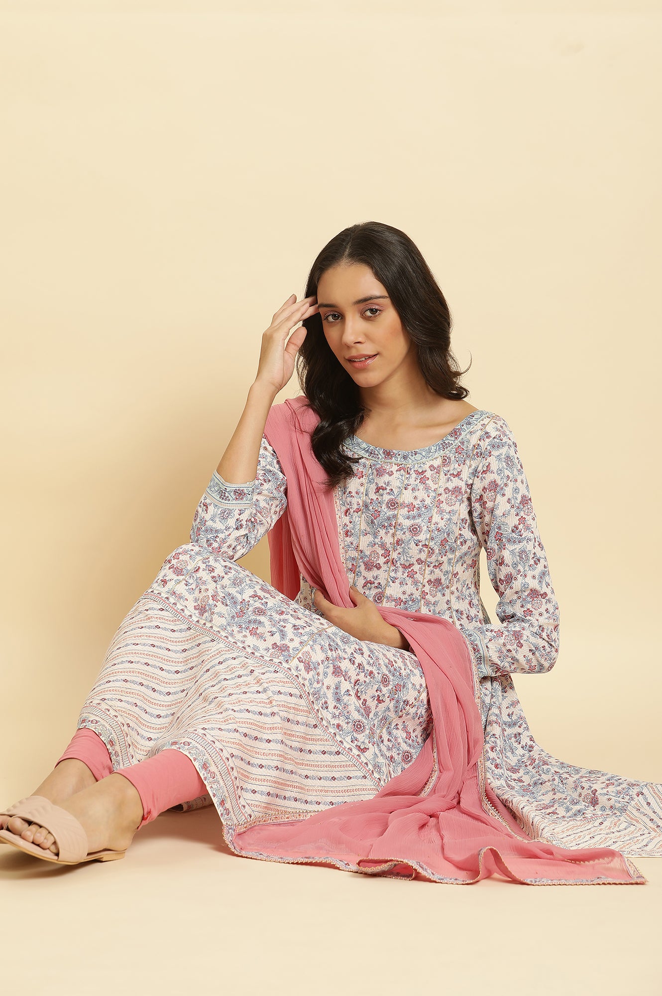 Cream Floral Printed Flared Kurta, Tights &amp; Dupatta Set