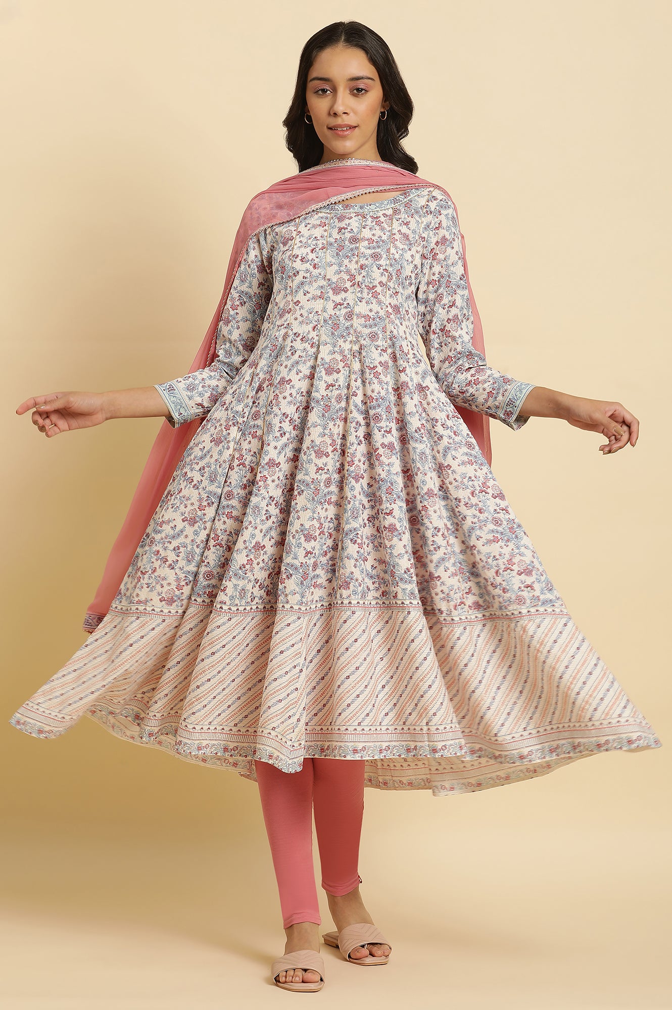 Cream Floral Printed Flared Kurta, Tights &amp; Dupatta Set