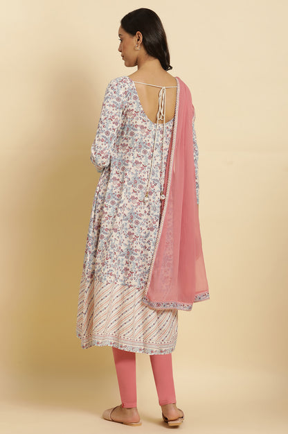 Cream Floral Printed Flared Kurta, Tights &amp; Dupatta Set