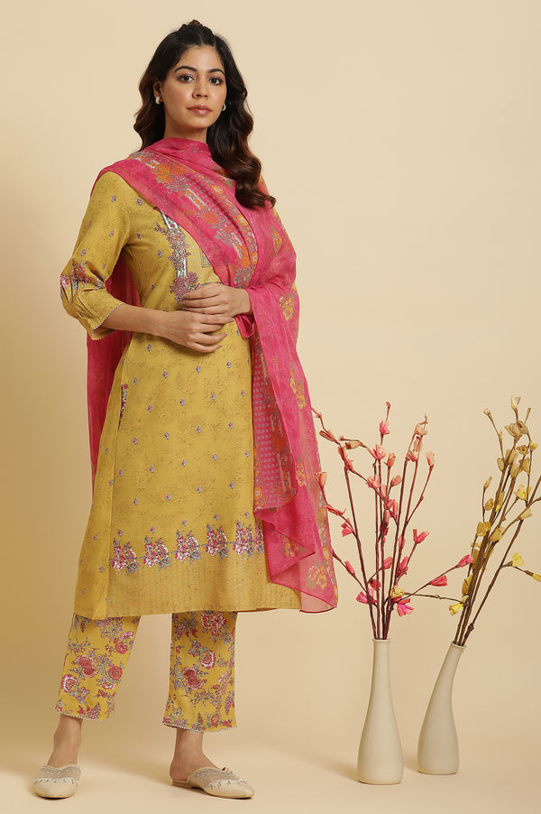 Yellow Floral Printed Kurta and Pants Set with Pink Dupatta