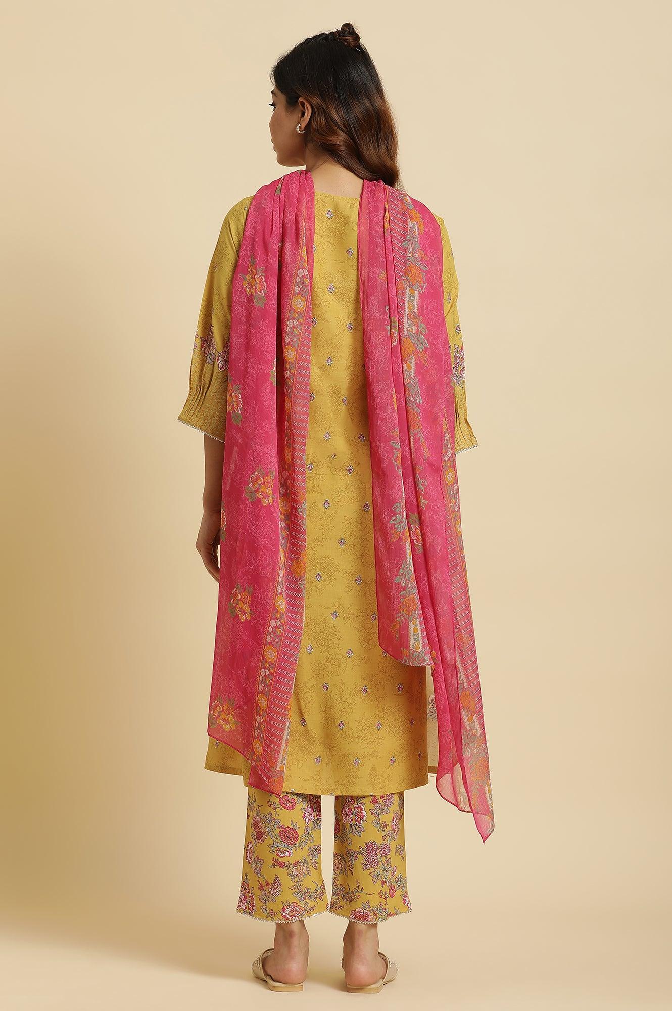Yellow Floral Printed Kurta, Pants And Pink Dupatta Set - wforwoman