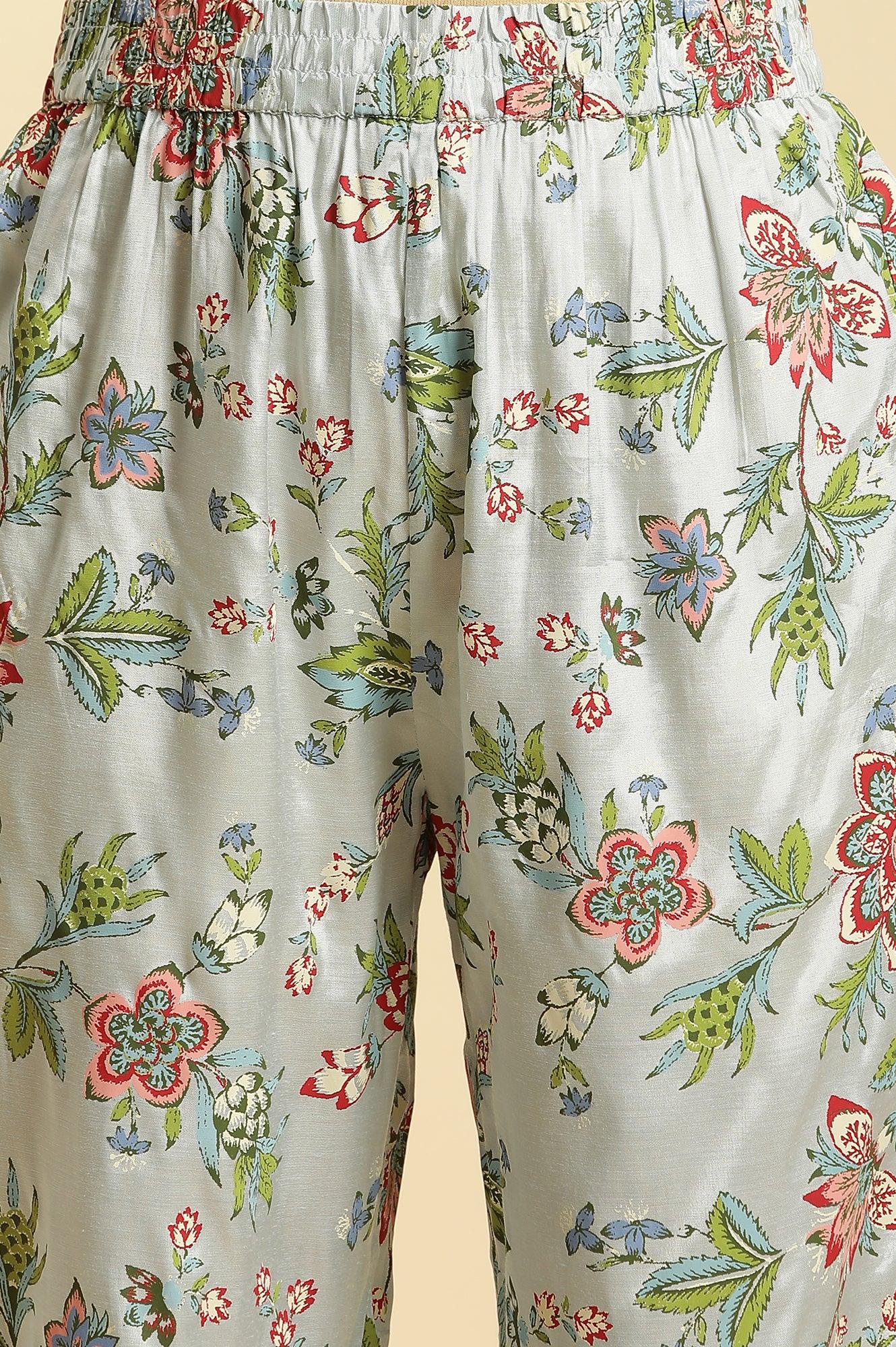 Sky Blue Floral Printed Kurta, Pants And Dupatta Set - wforwoman