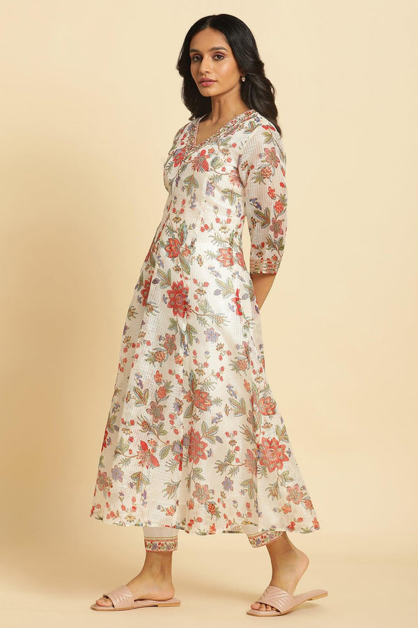 Ecru Printed Panelled Kurta, Pants And Dupatta Set