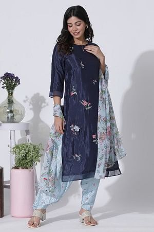 Navy Blue Embroidered Festive Kurta, Printed Salwar With Dupatta Set